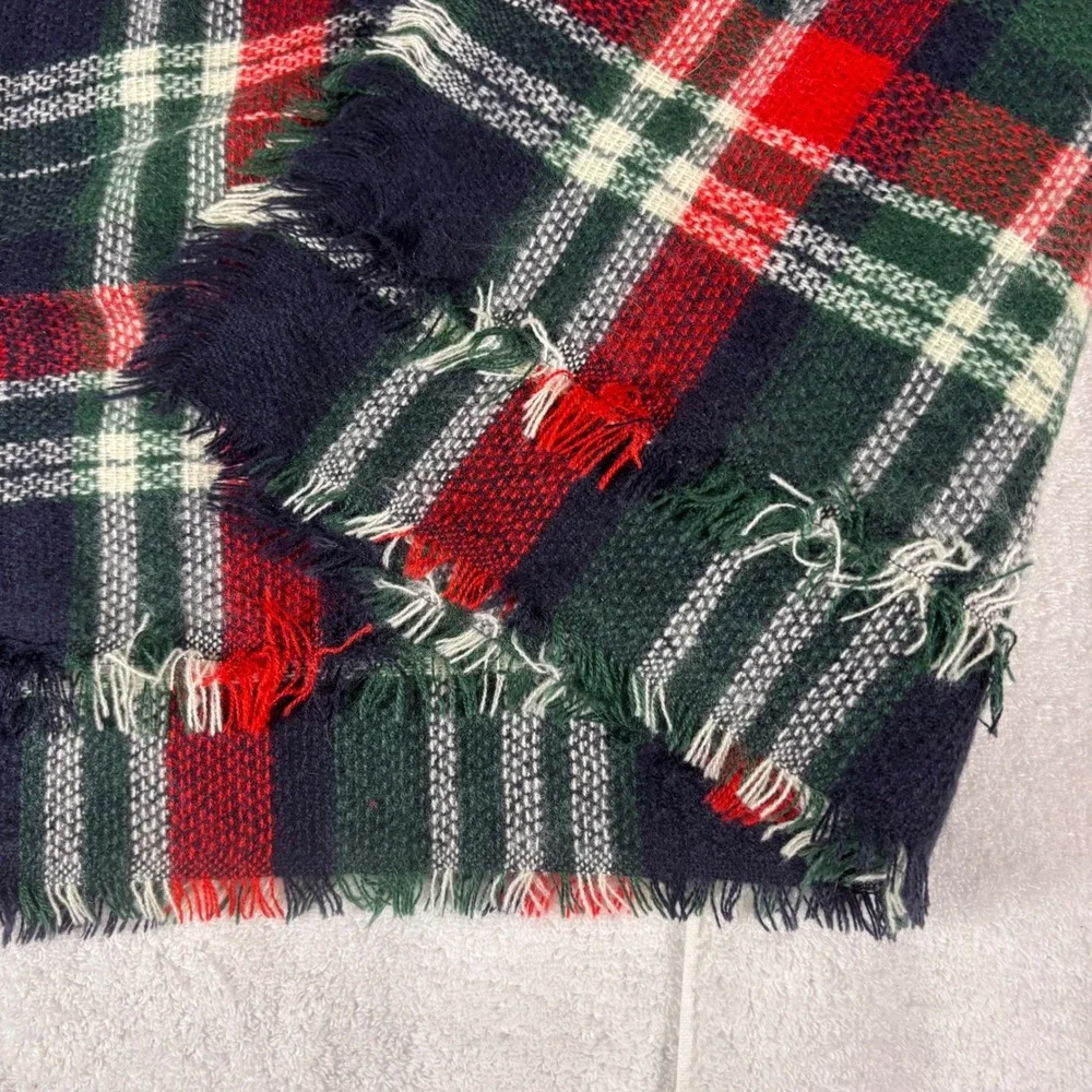 Tartan Plaid Blanket Scarf Unisex OS Navy Green Red Frayed Square Cozy Preppy